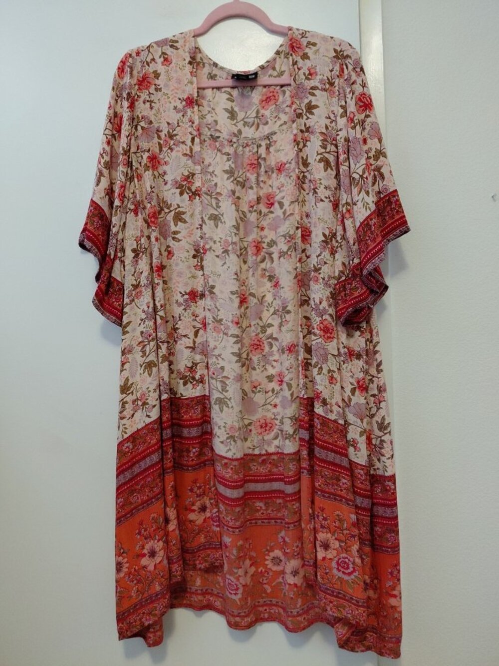 Angie Women's Open Front Kimono Duster Red Orange Green Floral Boho Medium